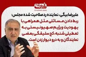 علیرضا‌بیگی، نماینده رد‌صلاحیت شده مجلس: ربط دادن مسائلی مثل همراهی با یهودیت و رژیم صهیونیستی به تعطیلی شنبه کج سلیقگی بعضی نمایندگان و به درو دیوار زدن‌ است.