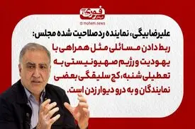 علیرضا‌بیگی، نماینده رد‌صلاحیت شده مجلس: ربط دادن مسائلی مثل همراهی با یهودیت و رژیم صهیونیستی به تعطیلی شنبه کج سلیقگی بعضی نمایندگان و به درو دیوار زدن‌ است.