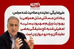 علیرضا‌بیگی، نماینده رد‌صلاحیت شده مجلس: ربط دادن مسائلی مثل همراهی با یهودیت و رژیم صهیونیستی به تعطیلی شنبه کج سلیقگی بعضی نمایندگان و به درو دیوار زدن‌ است.