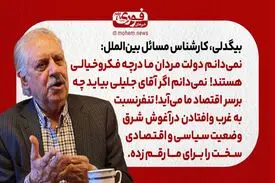 علی بیگدلی، کارشناس مسائل بین‌الملل: من نمی‌دانم دولت مردان ما در چه فکر و خیالی هستند!/ ما از آقای شریعتمداری انتظار بیشتری از آنچه می‌گویند را نداریم./ نمی‌دانم اگر آقای جلیلی بیاید چه بر سر اقتصاد ما می‌آید!/ تنفر نسبت به غرب و افتادن در آغوش شرق وضعیت