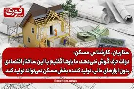 ستاریان، کارشناس مسکن: دولت حرف گوش نمی‌دهد، ما بارها گفتیم با این ساختار اقتصادی بدون ابزارهای مالی، تولید کننده بخش مسکن نمی‌تواند تولید کند.