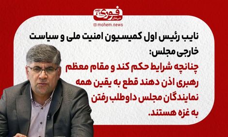 نایب رئیس اول کمیسیون امنیت ملی و سیاست خارجی مجلس: چنانچه شرایط حکم کند و مقام معظم رهبری اذن دهند قطع به یقین همه نمایندگان مجلس داوطلب رفتن به غزه هستند.