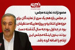 محمودزاده، نماینده مجلس: در مجلس یازدهم یک سری از نمایندگان برای حوزه‌های انتخابیه و پروژه‌هایی که مدنظرشان بود در جداول بودجه سال گذشته دست بردند، بدون اینکه مجلس این ارقام را اضافه کرده باشد.