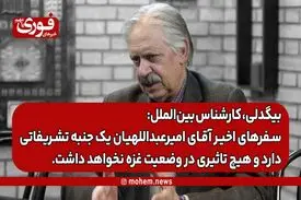 بیگدلی، کارشناس بین‌الملل: سفرهای اخیر آقای امیرعبداللهیان یک جنبه تشریفاتی دارد و هیچ تاثیری در وضعیت غزه نخواهد داشت.