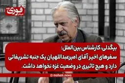 بیگدلی، کارشناس بین‌الملل: سفرهای اخیر آقای امیرعبداللهیان یک جنبه تشریفاتی دارد و هیچ تاثیری در وضعیت غزه نخواهد داشت.