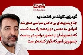 گودرزی، کارشناس اقتصادی: جناح‌بندی‌های بی‌حاصل سیاسی منجر شد افرادی به مجلس دوازدهم راه پیدا کنند که حضورشان از حضور ترامپ در ریاست‌جمهوری آمریکا نگران‌کننده‌تر است.