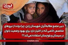 نائب دبیر مجمع مطالبه‌گران شهرستان زابل: چرا دولت از نیروهای متخصص خانمی که در اختیار دارد برای بهبود وضعیت بانوان در سیستان و بلوچستان استفاده نمی‌کند؟