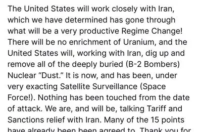 پست جدید ترامپ: ایالات متحده به‌طور نزدیک با ایران همکاری خواهد کرد؛ کشوری که ما به این نتیجه رسیده‌ایم دچار یک تغییر رژیم بسیار سازنده شده است! 