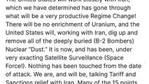 پست جدید ترامپ: ایالات متحده به‌طور نزدیک با ایران همکاری خواهد کرد؛ کشوری که ما به این نتیجه رسیده‌ایم دچار یک تغییر رژیم بسیار سازنده شده است! 