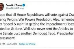 ترامپ: امیدوارم نمایندگان جمهوری خواه کنگره به طرح کاهش اختیارات جنگی رأی ندهند