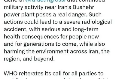 هشدار رئیس سازمان جهانی بهداشت درباره حملات احتمالی در نزدیکی نیروگاه بوشهر