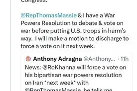 ‌نماینده کنگره ⁧آمریکا: هفته آینده درباره حمله نظامی به ایران رای‌گیری می‌کنیم؛ ترامپ بدون رای کنگره نمی‌تواند به ایران حمله کند