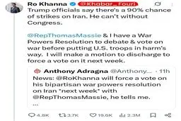‌نماینده کنگره ⁧آمریکا: هفته آینده درباره حمله نظامی به ایران رای‌گیری می‌کنیم؛ ترامپ بدون رای کنگره نمی‌تواند به ایران حمله کند