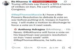 ‌نماینده کنگره ⁧آمریکا: هفته آینده درباره حمله نظامی به ایران رای‌گیری می‌کنیم؛ ترامپ بدون رای کنگره نمی‌تواند به ایران حمله کند