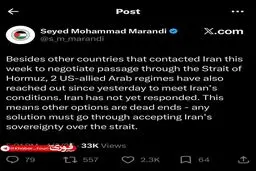 مرندی: دو حکومت عربی متحد آمریکا با ایران تماس گرفتند تا شرایط ایران در تنگه را بپذیرند